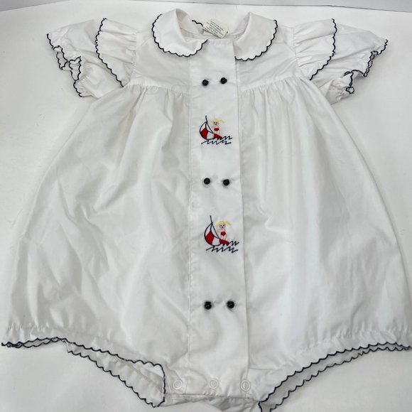 Vintage Nanette Sailor Baby One Piece Embroidered Scalloped Edge Sail Boat - Picture 2 of 8